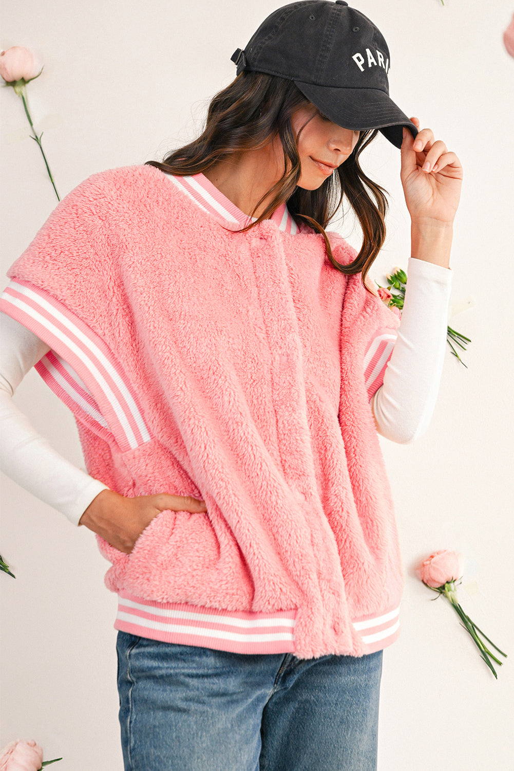 Gossamer Pink Contrast Trim Plush Sleeveless Coat