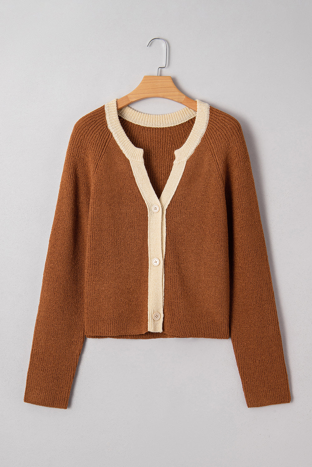 Chestnut Contrast Color V Neckline Knit Cardigan