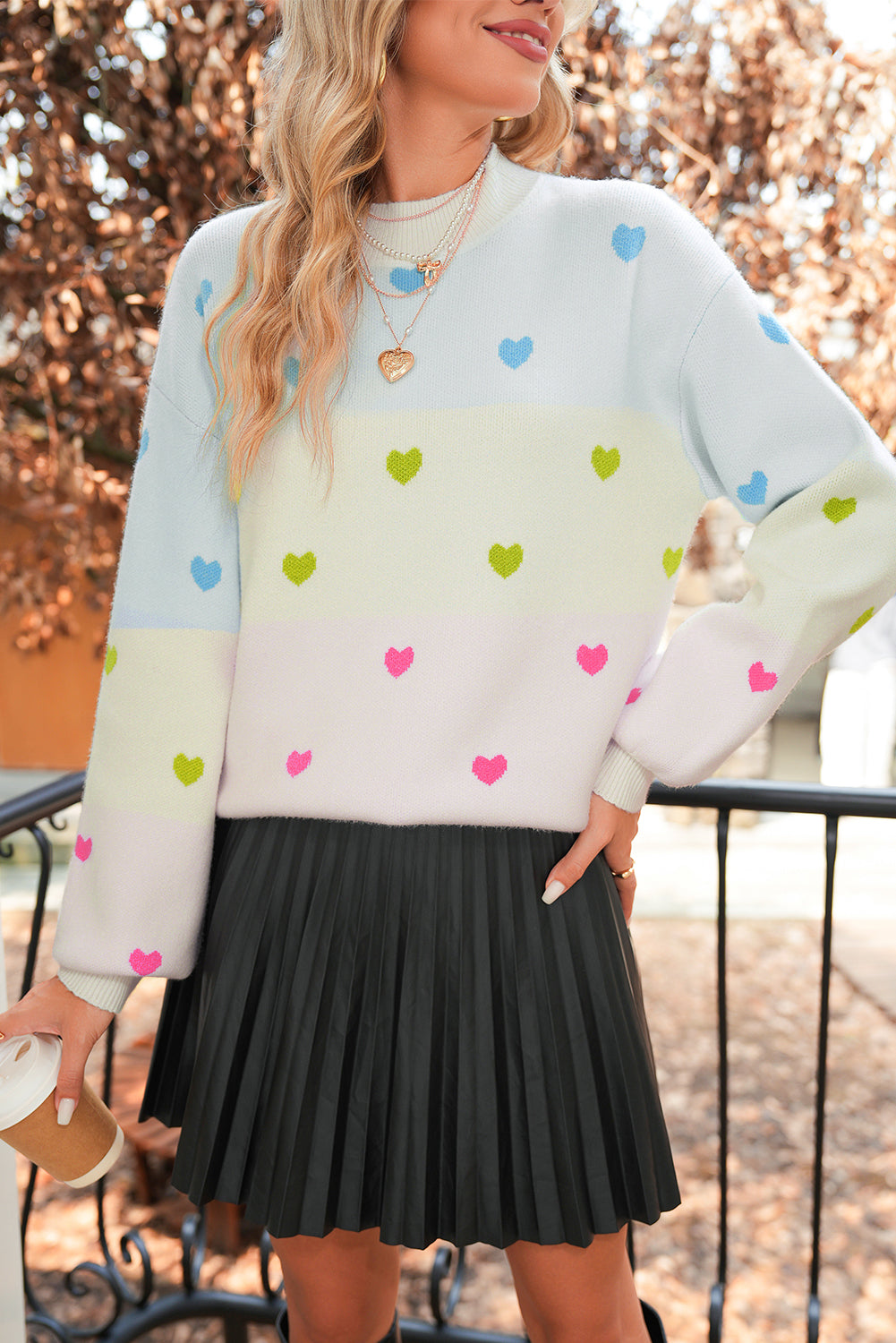 Multicolor Heart Pattern Colorblock High Neck Sweater