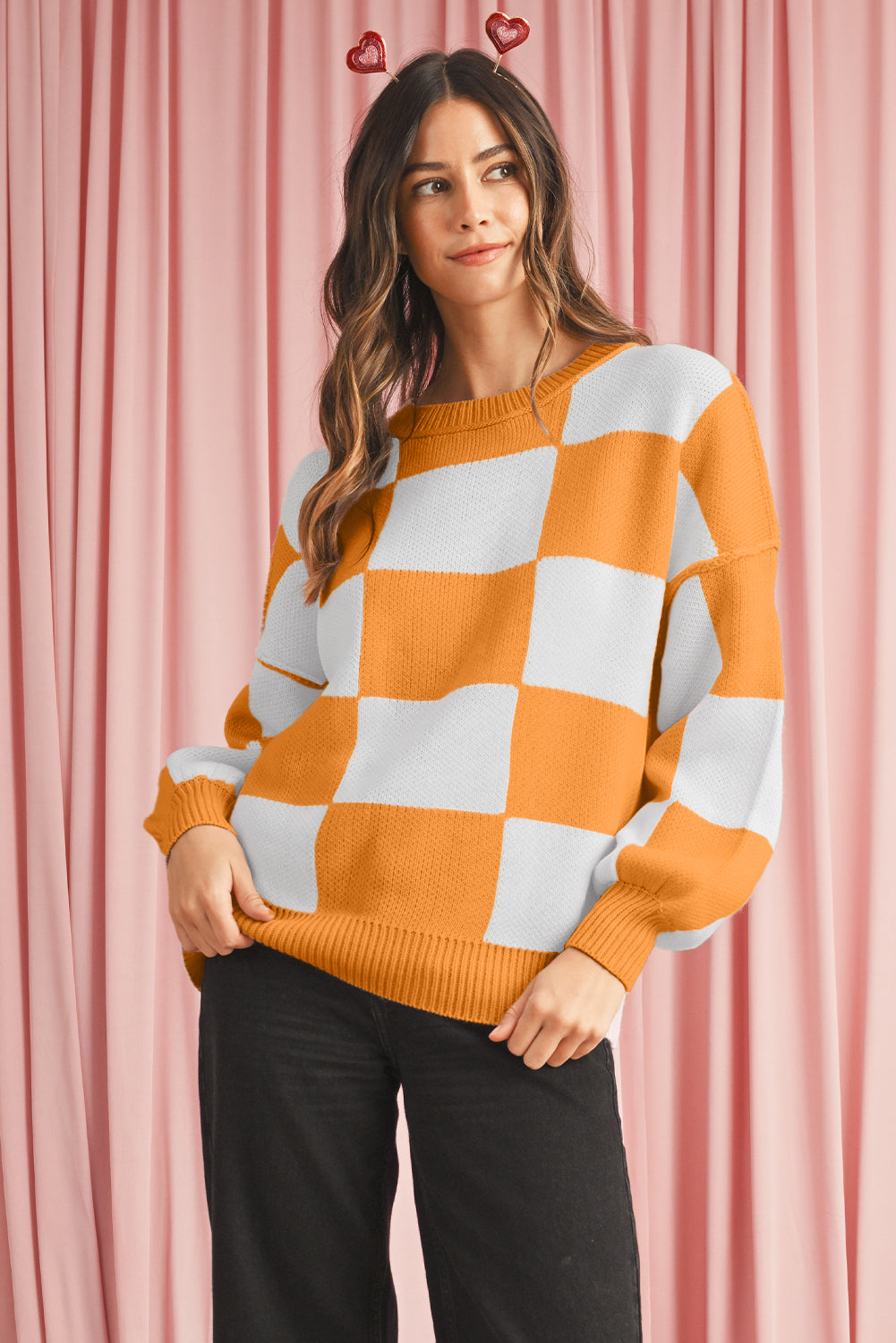 Orange & White Plaid Exposed Seam Bishop Sleeve Sweater