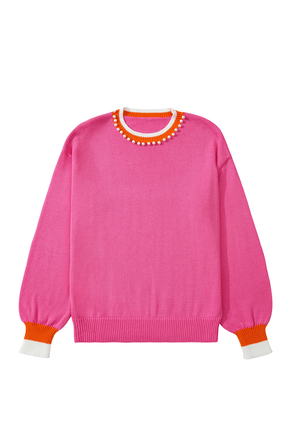 Sachet Pink Contrast Collar Pearl Decor Sweater