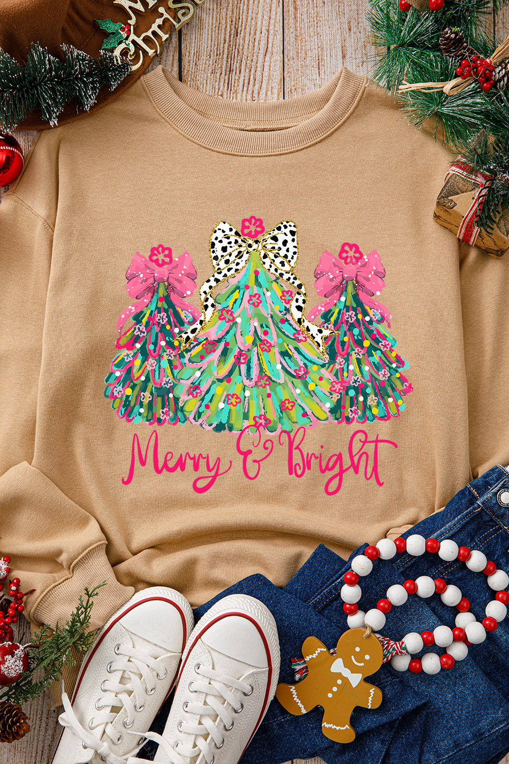 Khaki Merry & Bright Christmas Tree Heat Transfer Printing Pullover Sweatshirt