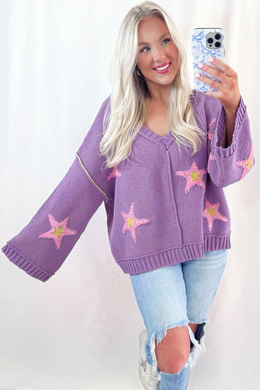 Lavendula Brushed Star Graphic V Neck Drop Shoulder Oversize Sweater