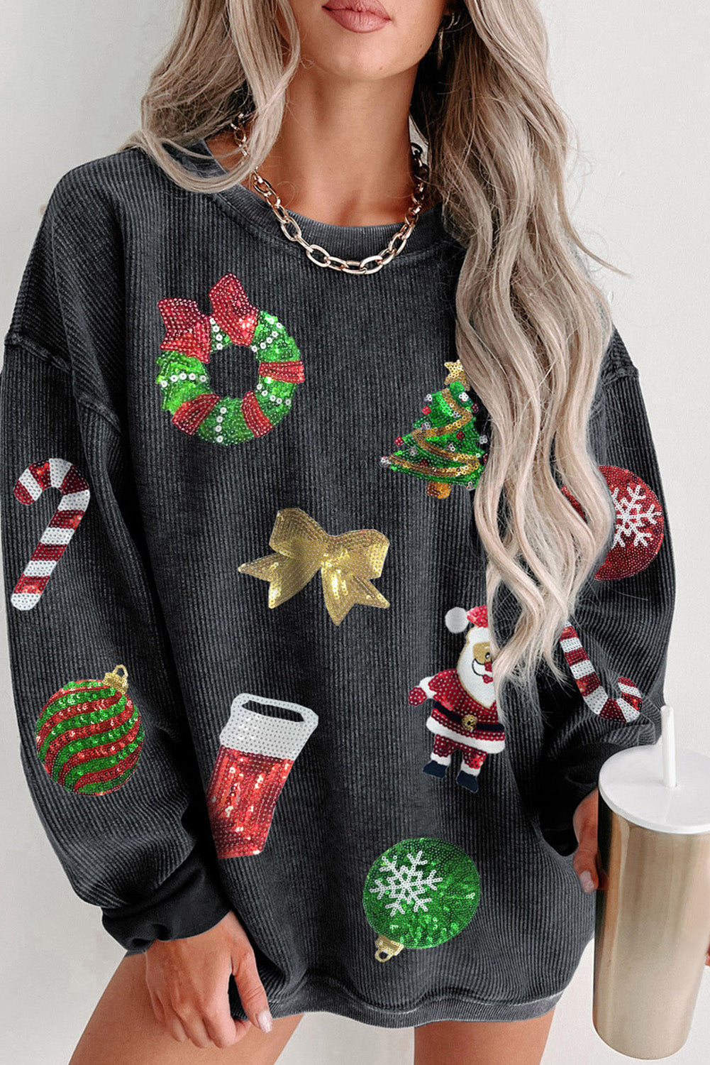Black Christmas Graphic Sequins Patch Corded Sweatshirt