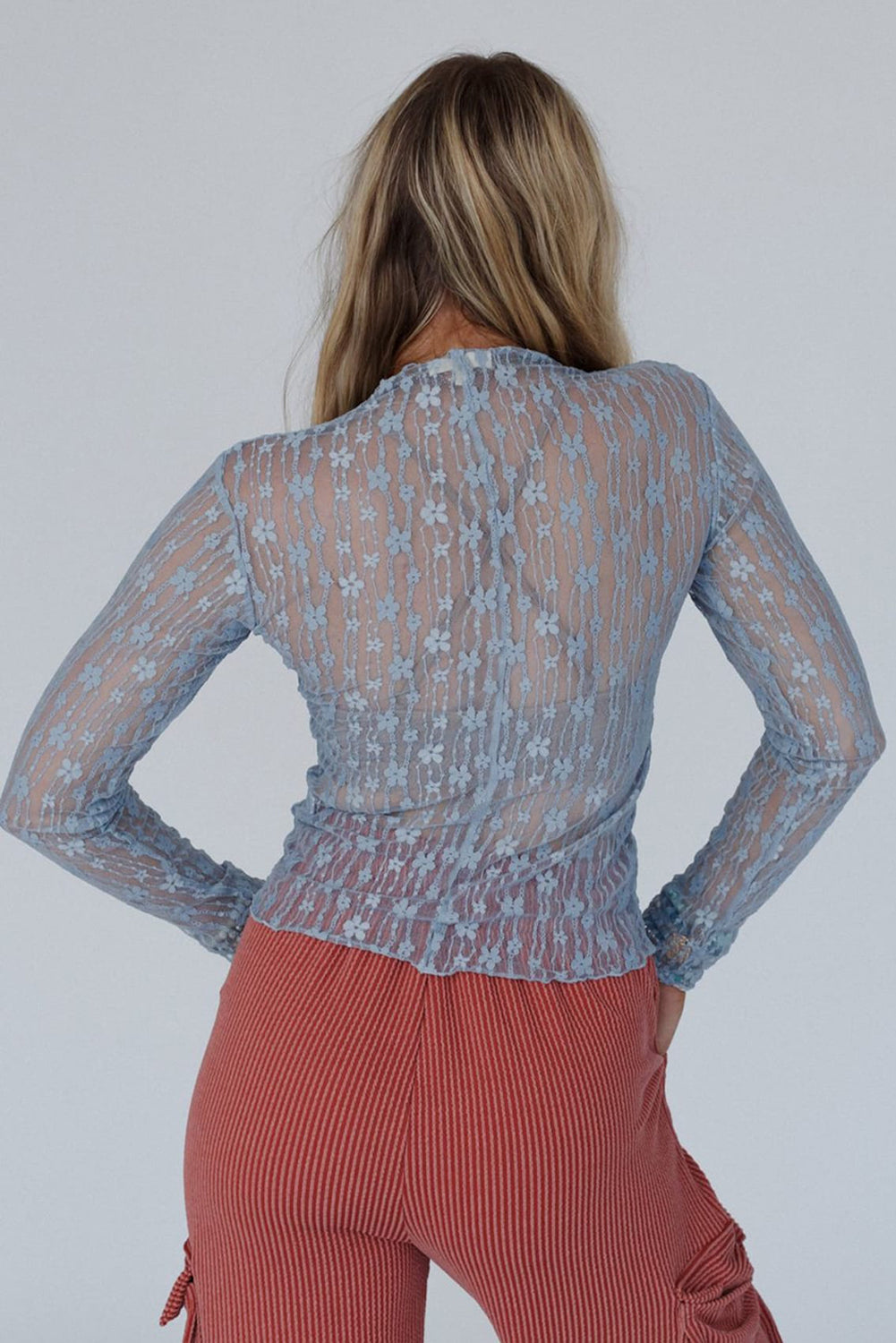 Ashleigh Blue Sheer Floral Lace Long Sleeve Slim Fit Top