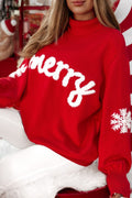 Fiery Red Merry Snowflake Pattern Christmas Turtleneck Sweater