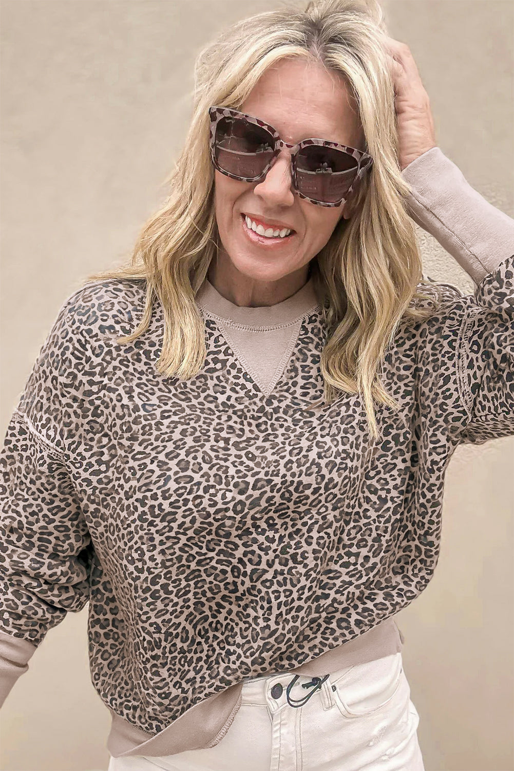 Khaki Leopard Print Patchwork Crew Neck Sweatshirt