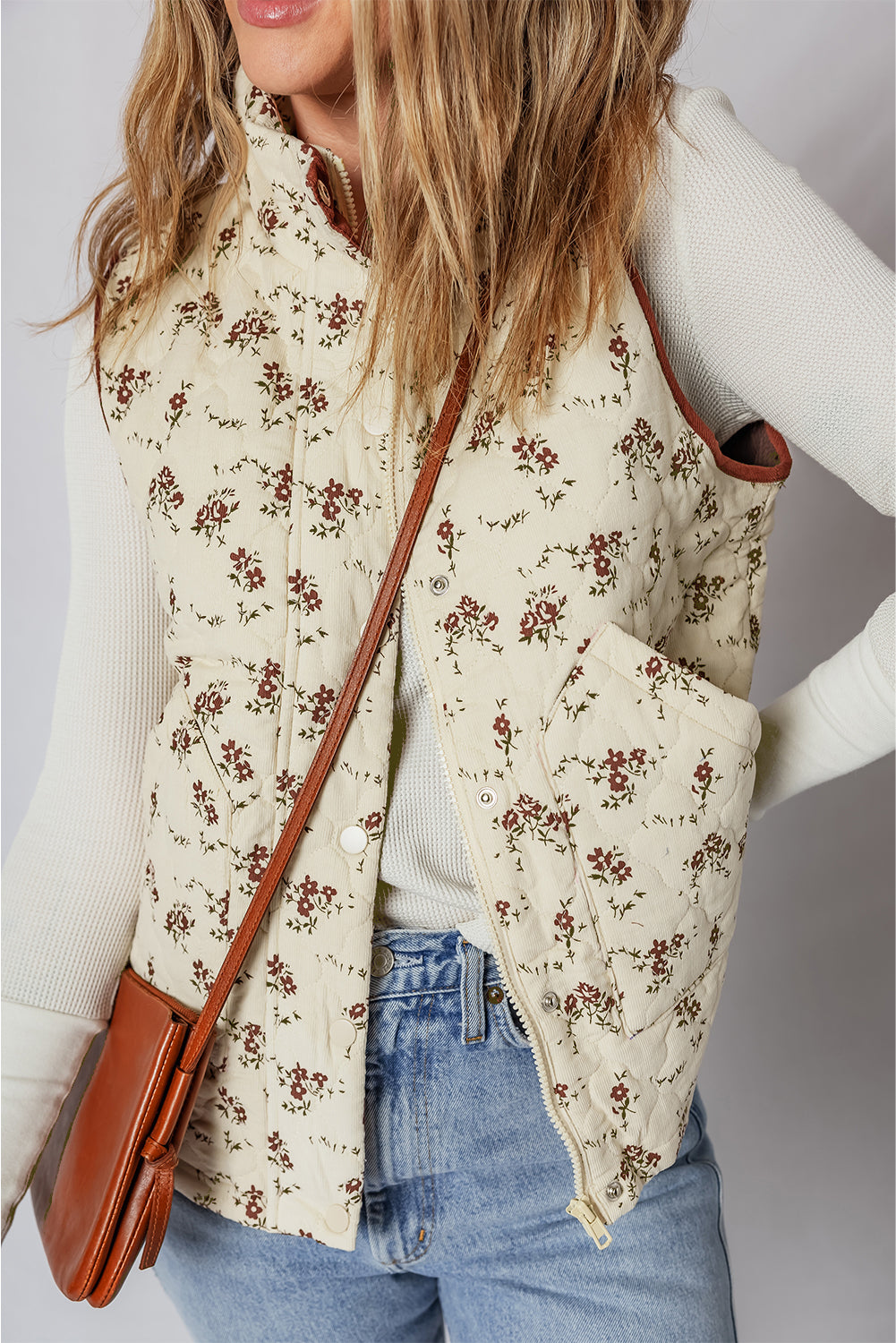 Apricot Floral Print Zip Up Quilted Warm Vest