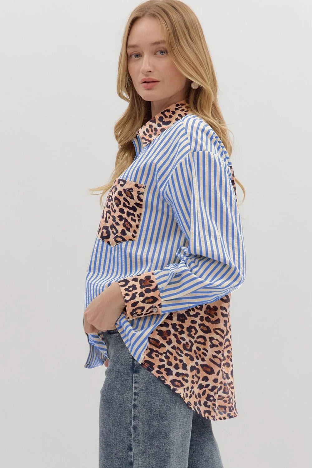 Sky Blue Contrast Leopard and Stripes Button Up Shirt