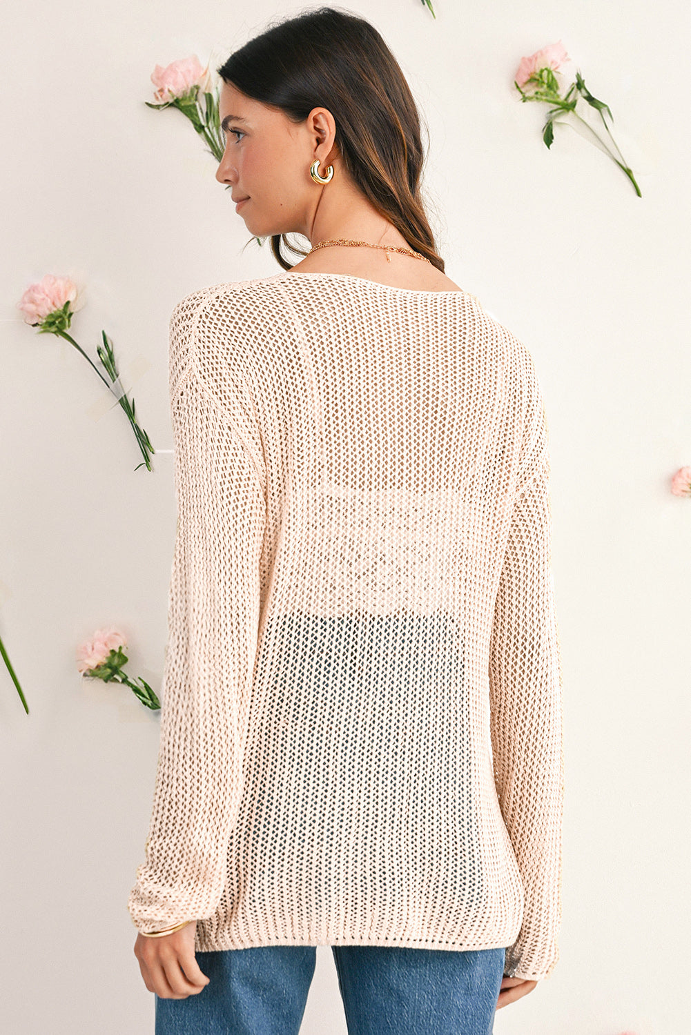 Smoke Gray Crochet Hollow-out Knit Sweater