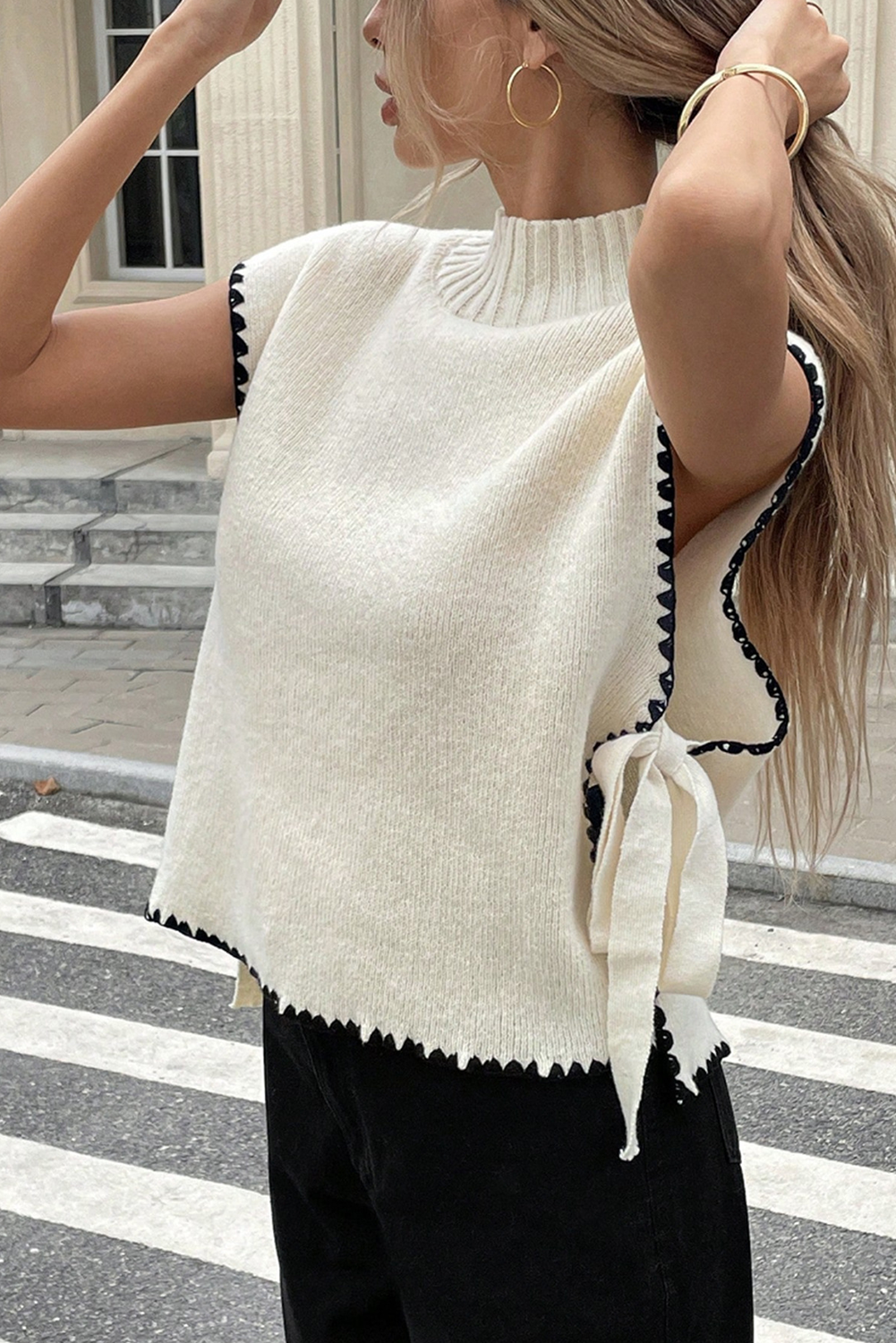 Beige Ric Rac Trim Side Knot Knit Sleeveless Top