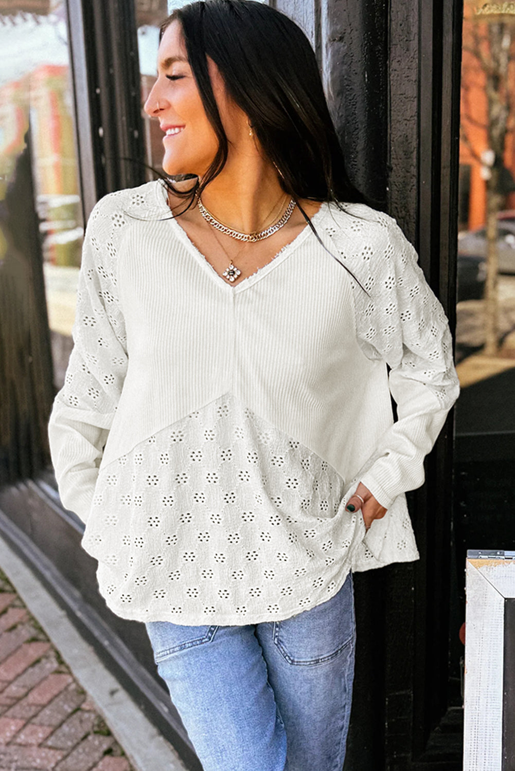 White Twisted Rib Patchwork Floral Embroidered Loose Long Sleeve Top