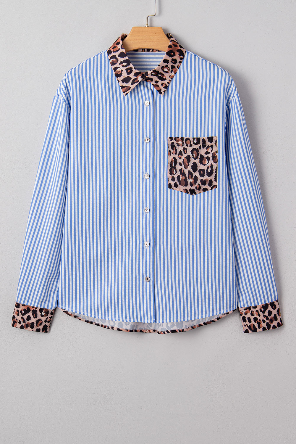 Sky Blue Contrast Leopard and Stripes Button Up Shirt