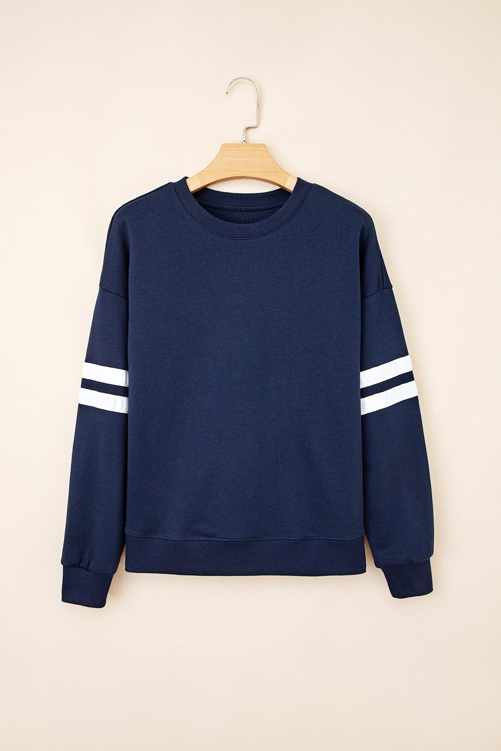 Navy Blue Preppy Striped Sleeve Loose Sweatshirt