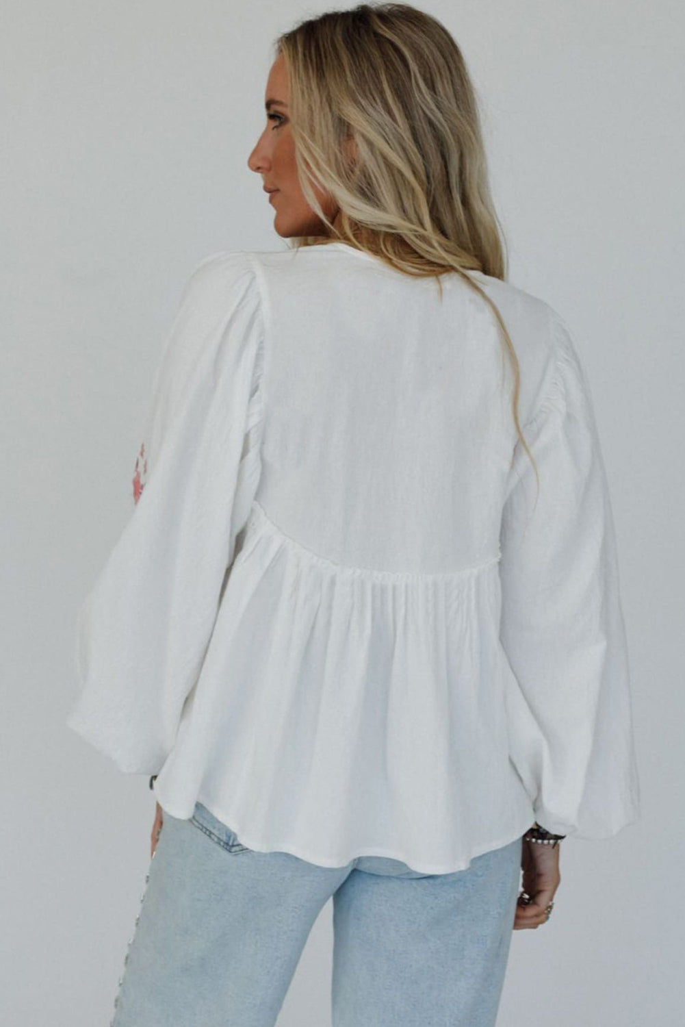 White Flower Lace-up V Neck Flowy Babydoll Blouse