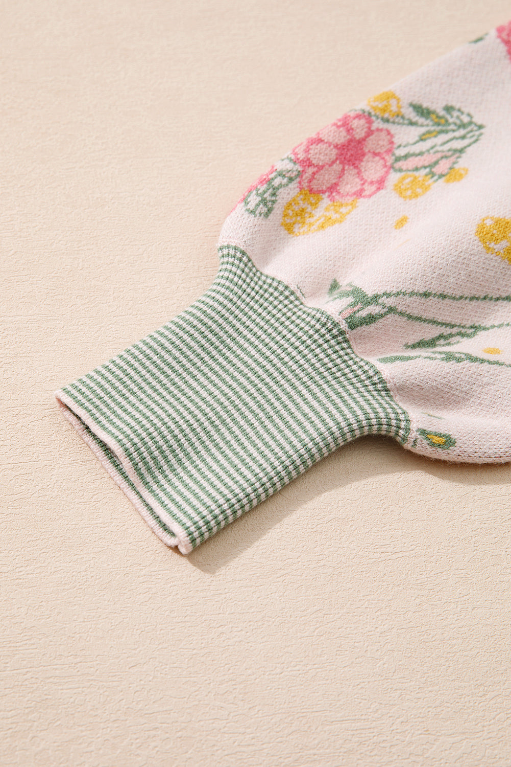 Pink Floral Striped Colorblock V Neck Loose Sweater