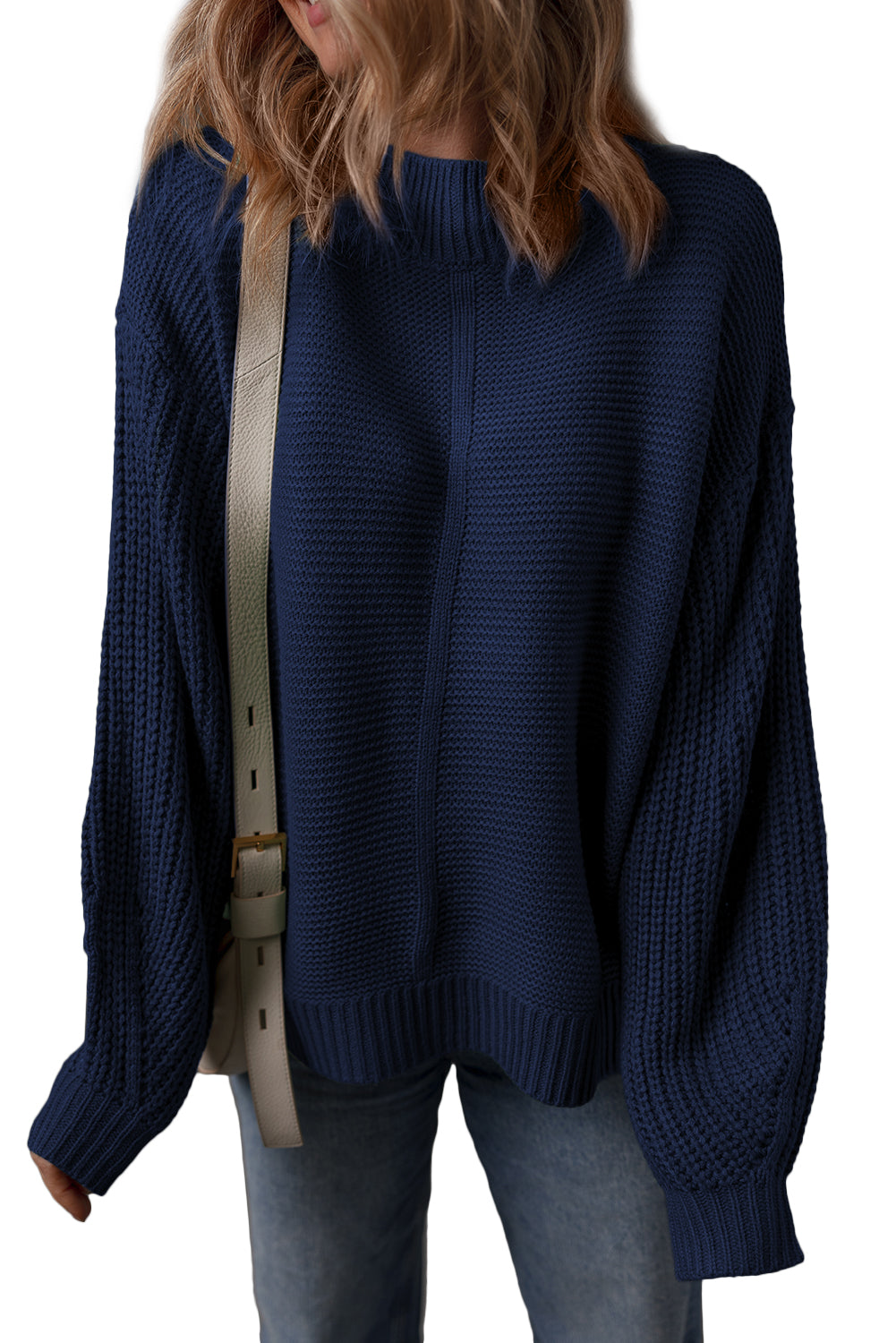 Dirty blue Solid Color Front Seam Drop Shoulder Loose Sweater