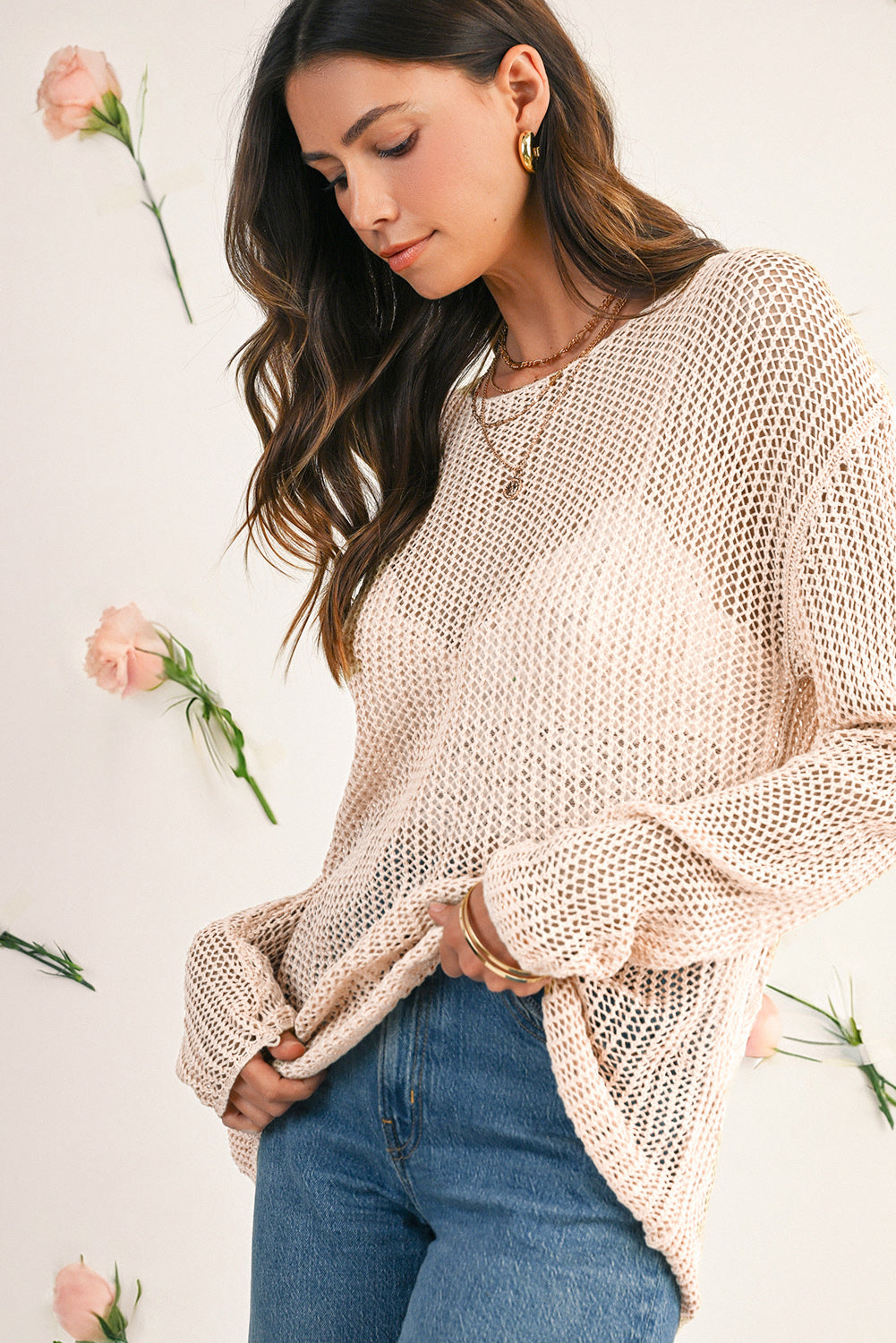 Smoke Gray Crochet Hollow-out Knit Sweater
