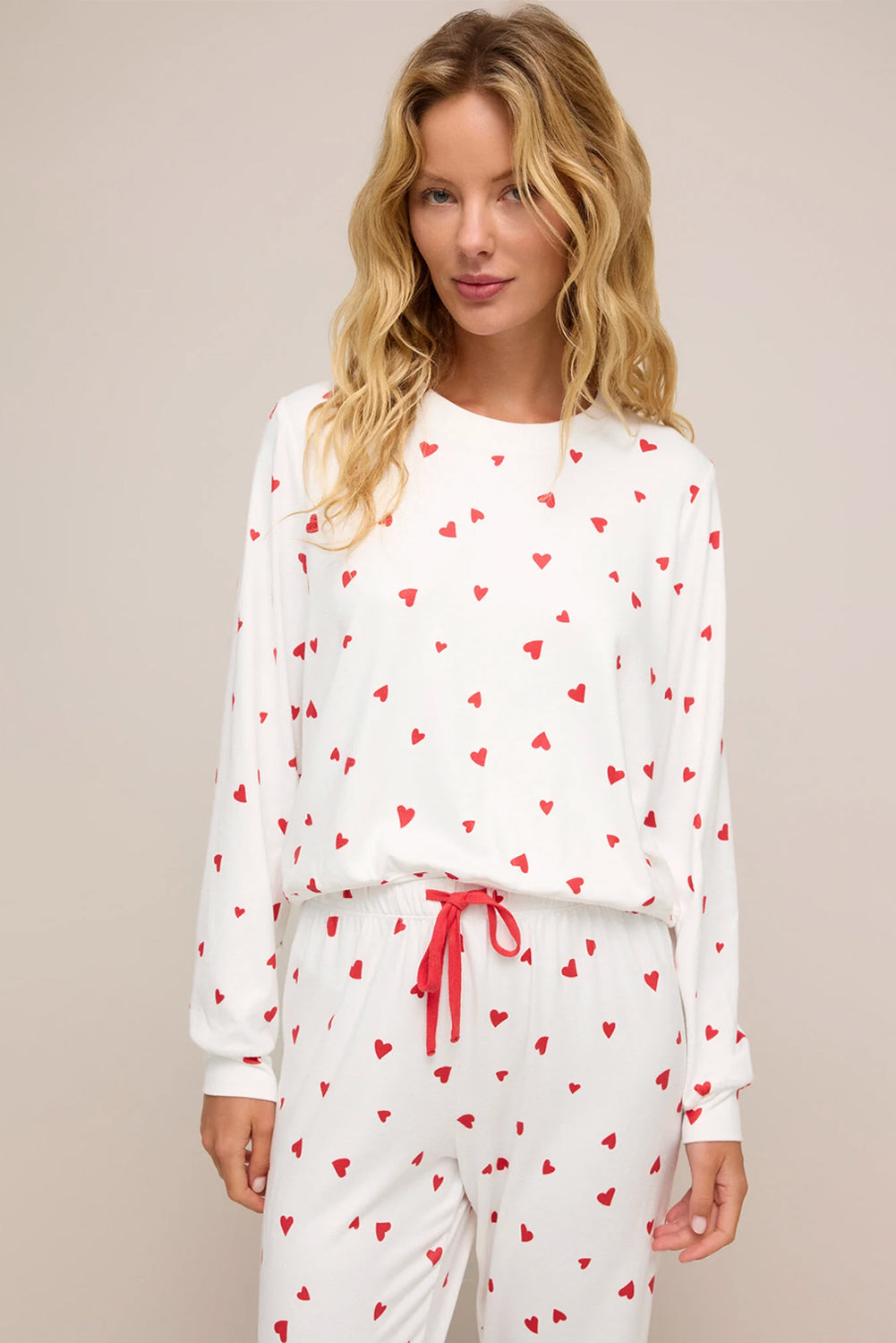 Fiery Red Heart Print Long Sleeve Pullover and Pants Set