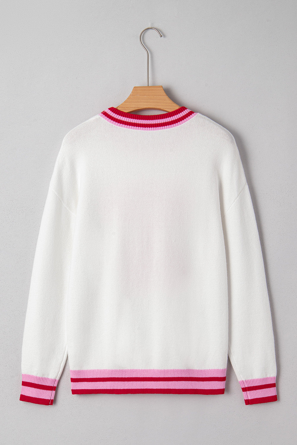 White Bow Pattern Contrast Trim Long Sleeve Sweater