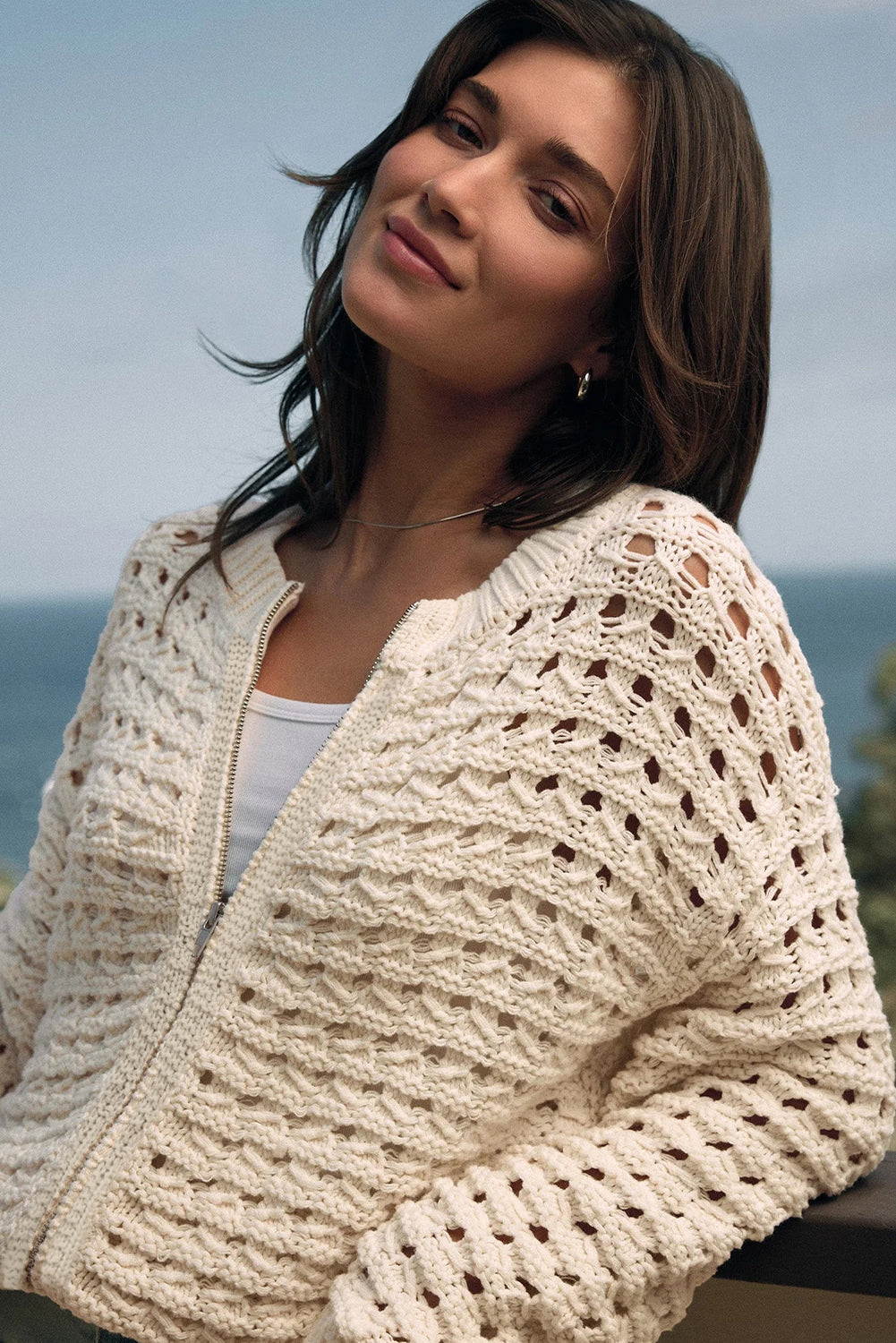 Beige Hollowed Pattern Knit Zip Up Drop Shoulder Cardigan