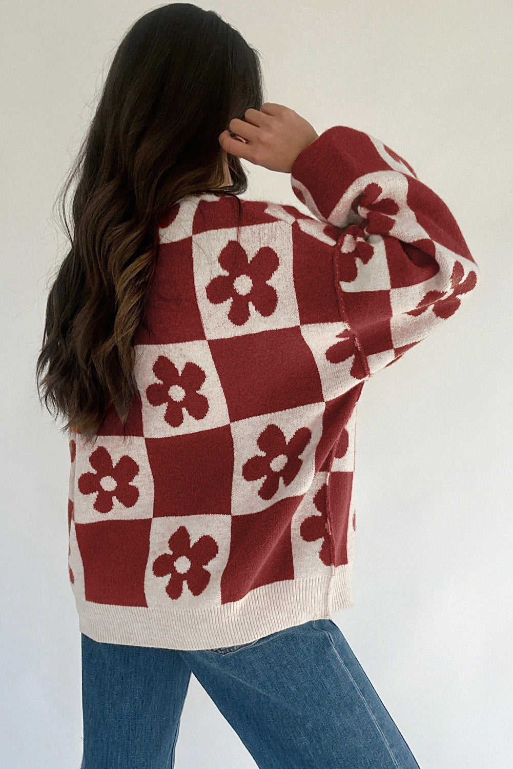 Red Dahlia Flower Colorblock Checkered Henley Sweater