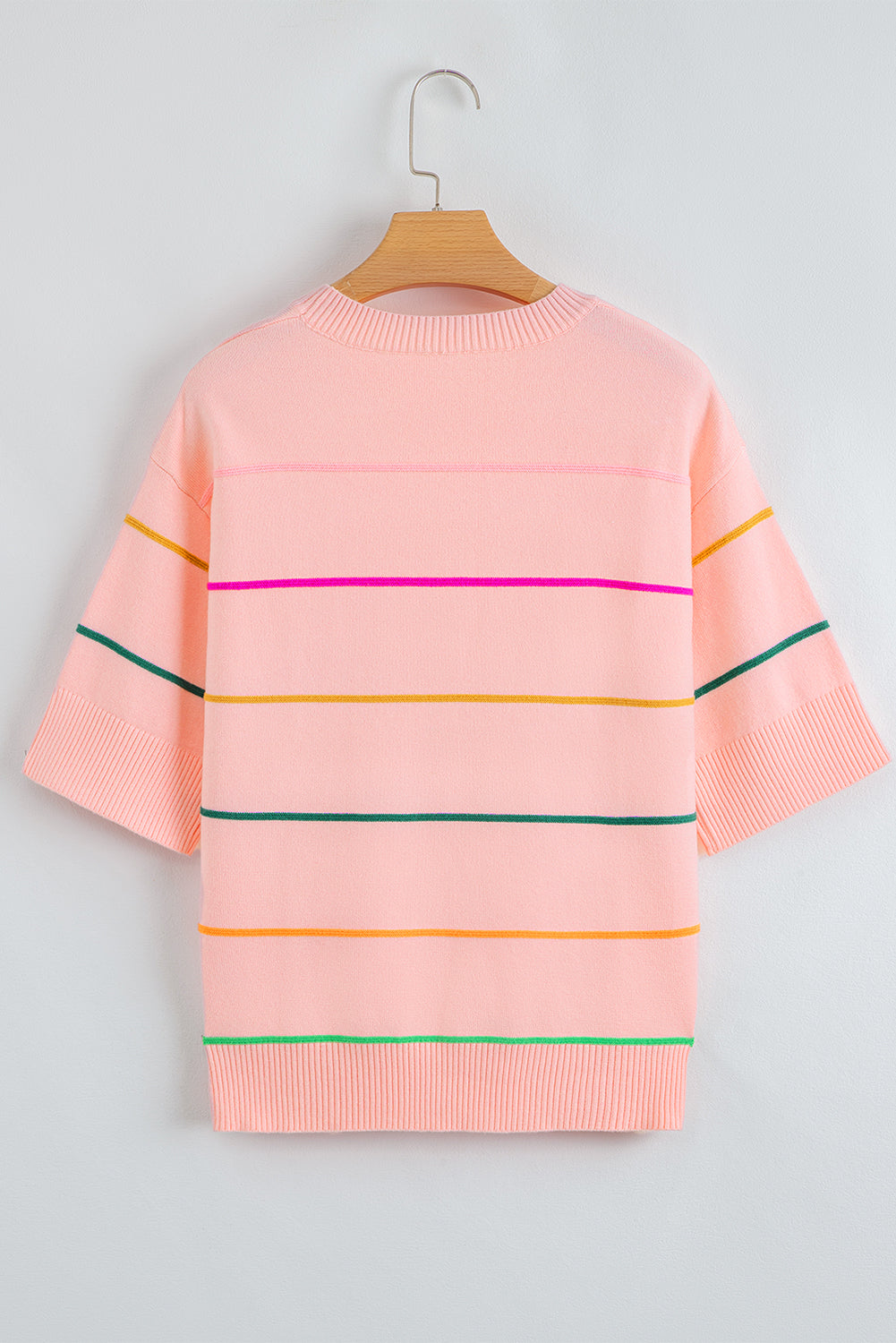 Pink Striped Half Sleeve Drop Shoulder Sweater