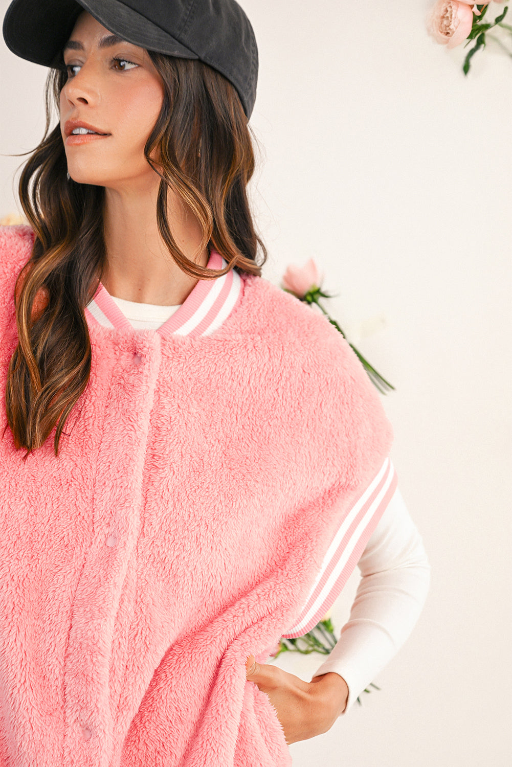 Gossamer Pink Contrast Trim Plush Sleeveless Coat