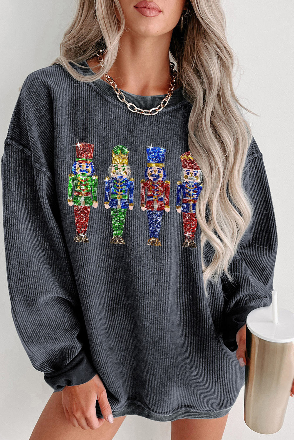 Gray Christmas Nutcracker Graphic Sequins Patch Corded Baggy Sweatshirt