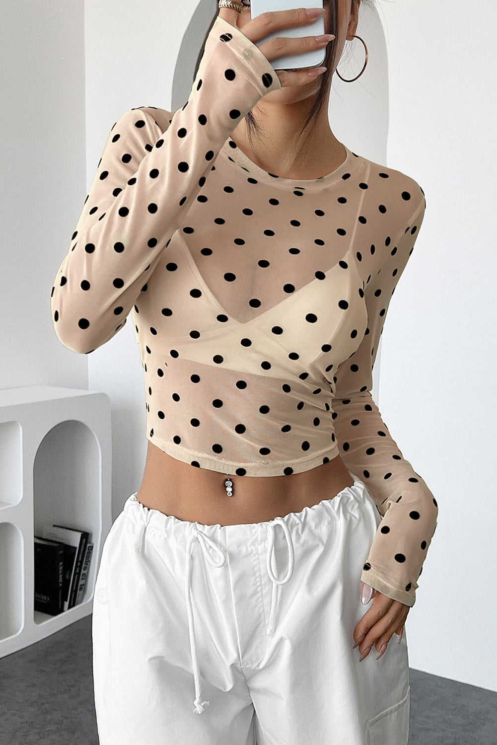 Beige Polka Dot Sheer Mesh Round Neck Long Sleeve Top