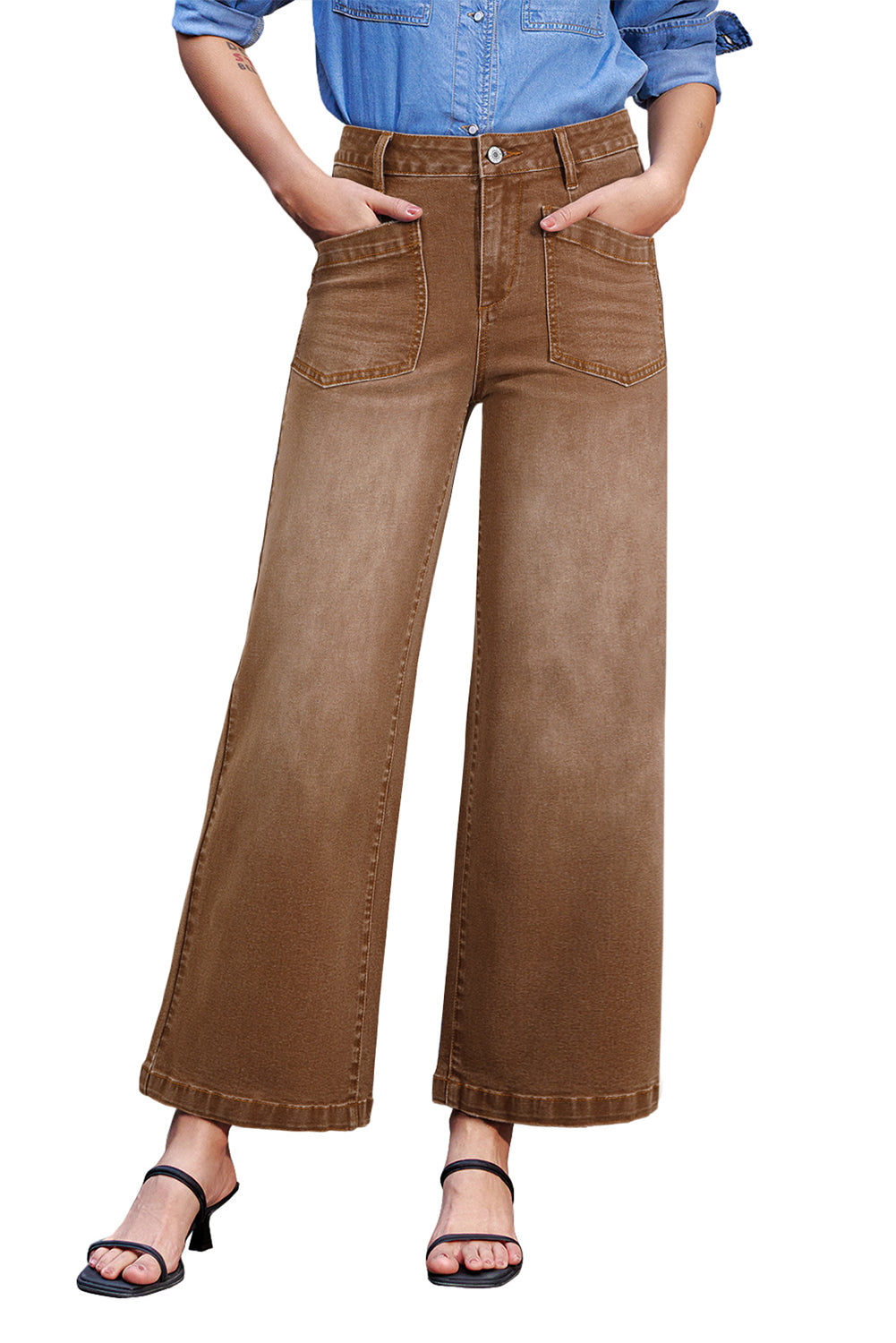 Brown Minimalist Patch Pocket High Waist Shift Jeans