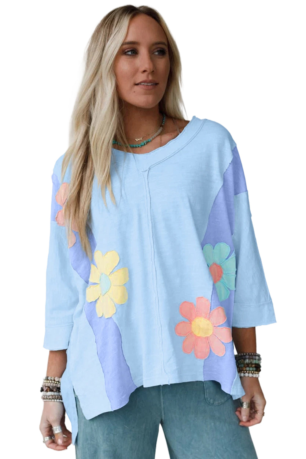Light Blue Flower Patched Exposed Seam 3/4 Sleeve top