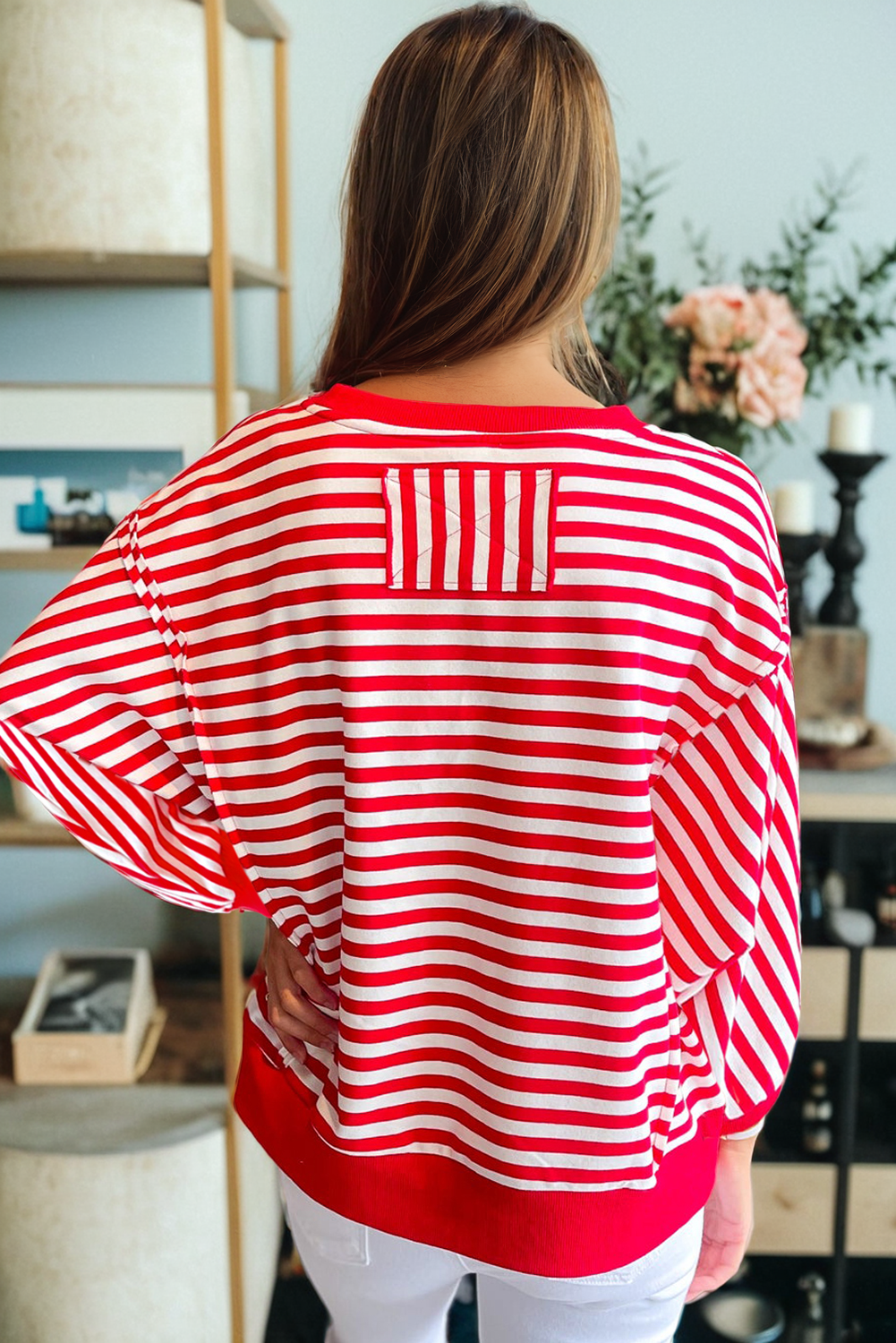 Red Stripe Holly Jolly Sequins Patch Drop Shoulder Long Sleeve Top