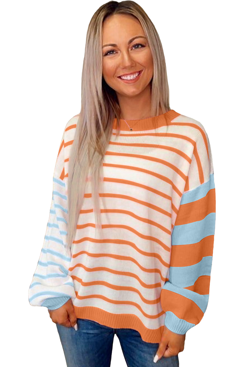 Orange Striped Colorblock Pullover Sweater