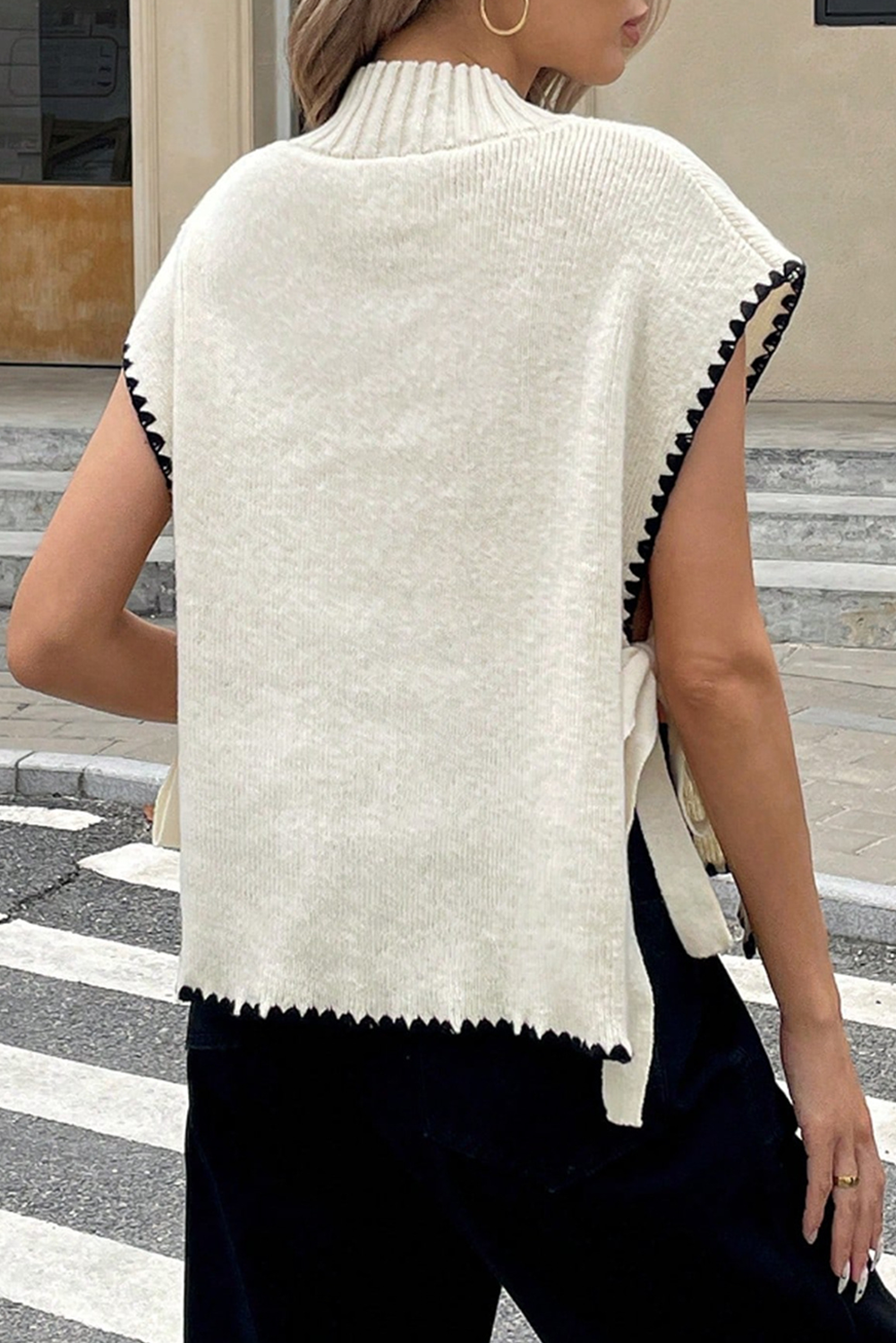 Beige Ric Rac Trim Side Knot Knit Sleeveless Top