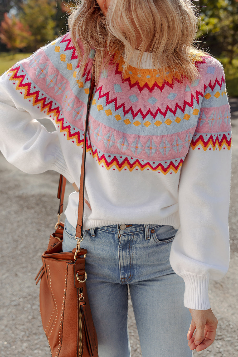 White Ethnic Geometric Colorblock Pattern Drop Shoulder Sweater