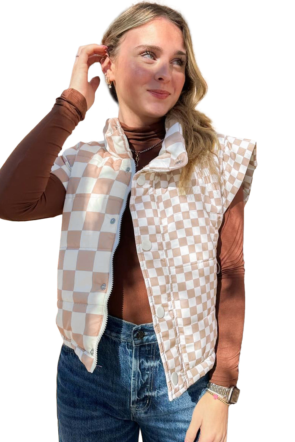 Khaki Plaid Stand Neck Button Down Vest