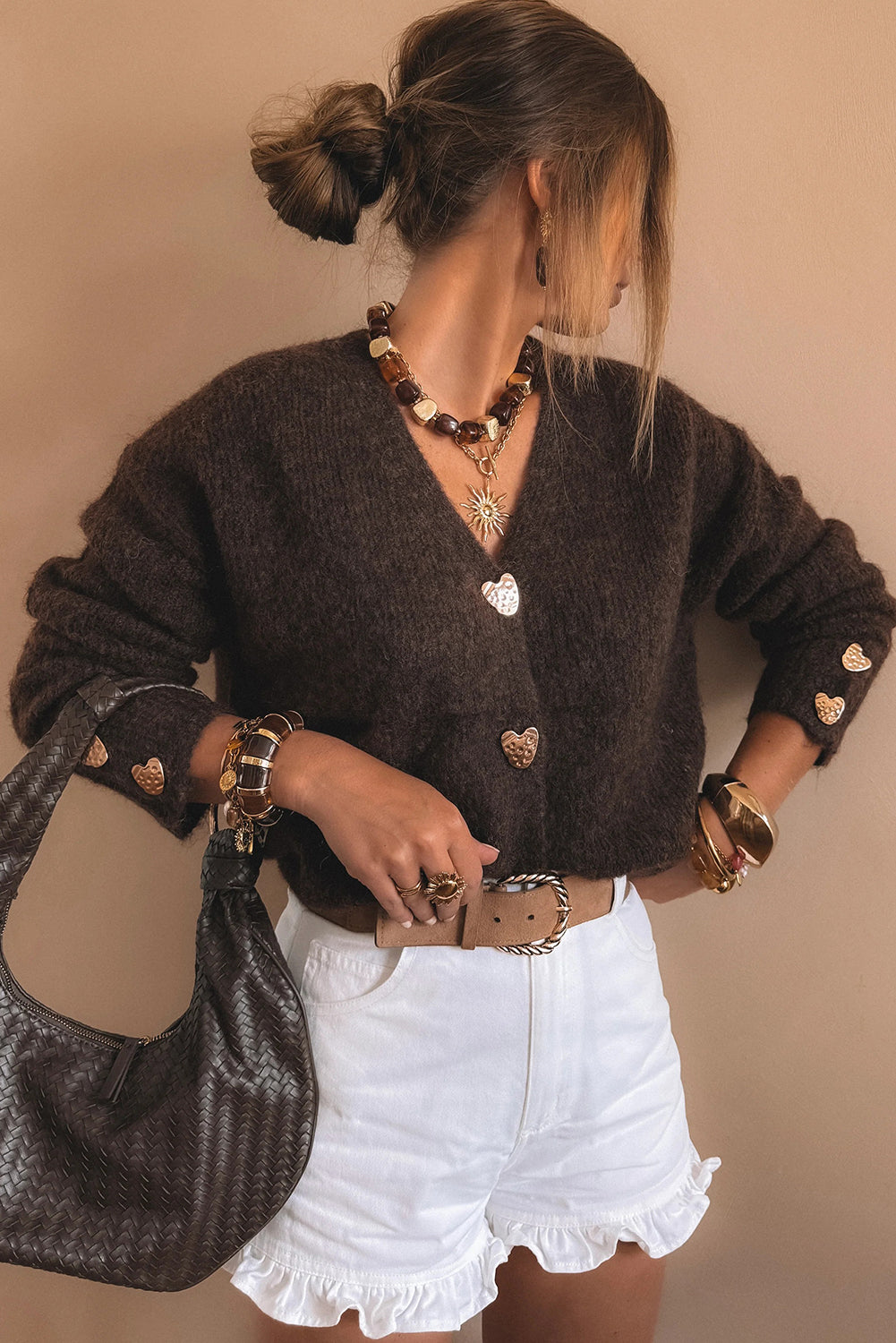 Chicory Coffee V Neck Metallic Heart Button Knit Cardigan