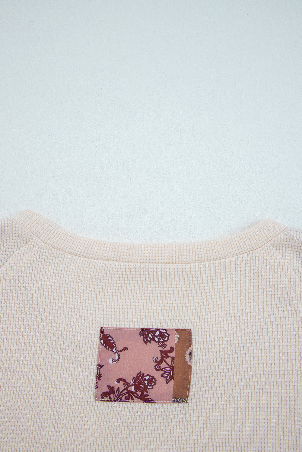 Beige Paisley Ethnic Print Waffle Patchwork Long Sleeve Loose Top