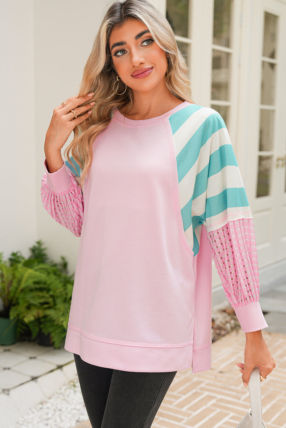 Bonbon Striped Colorblock Patchwork Raglan Sleeve Top