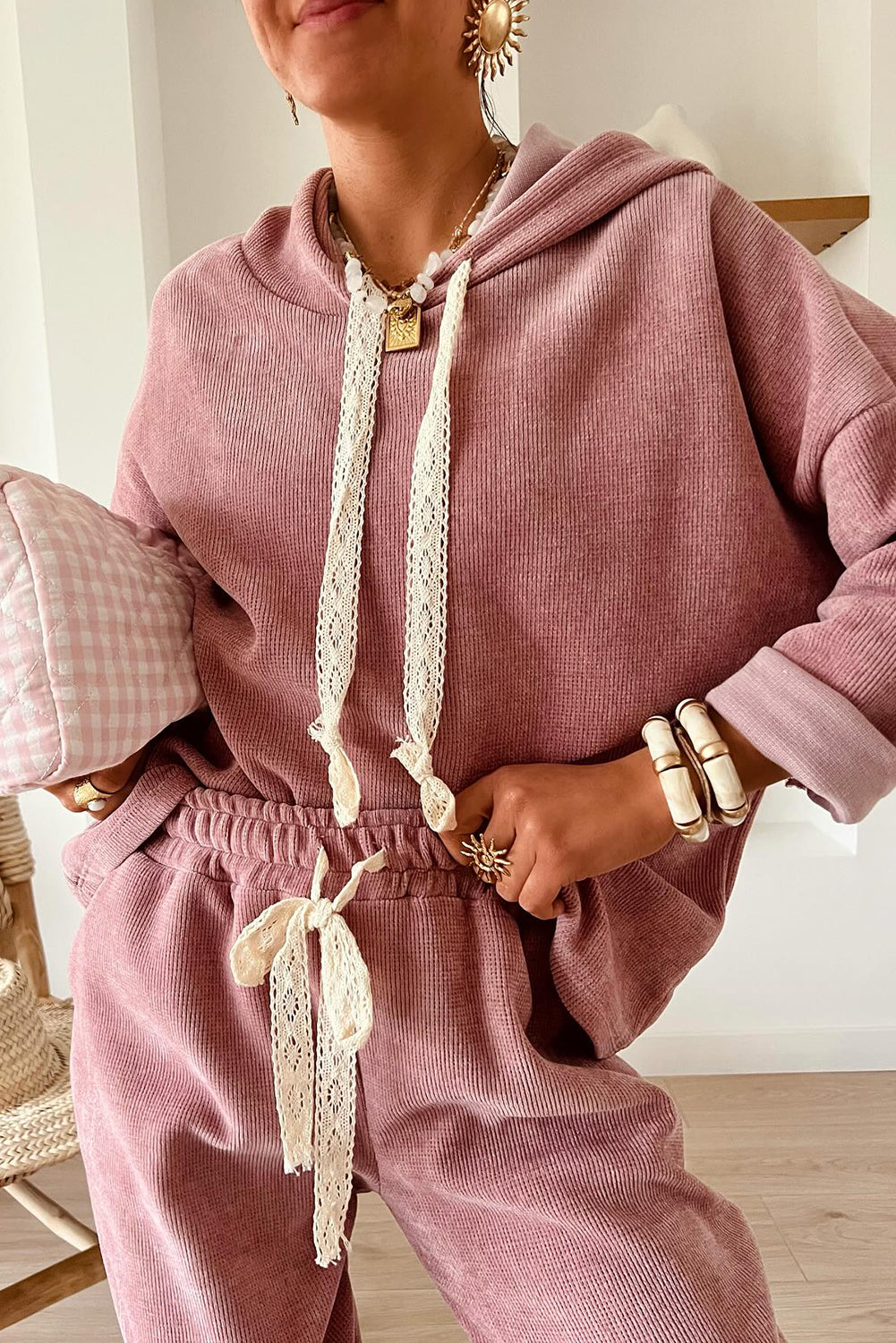 Rose Tan Drawstring Pullover Hoodie and High Waist Pants Corduroy Suit