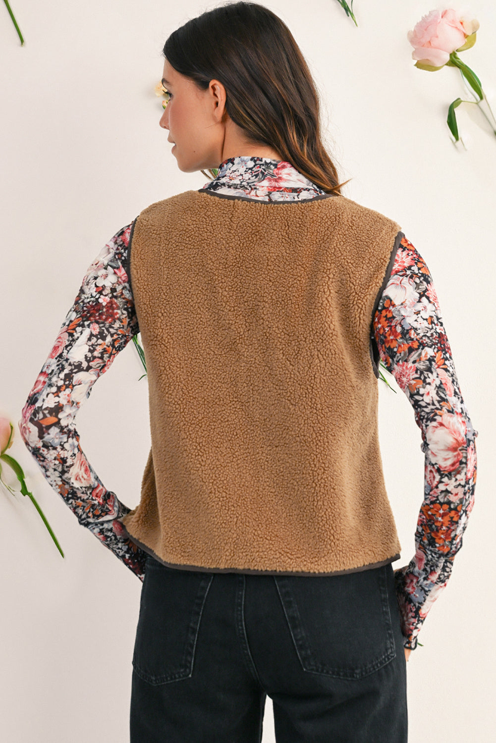 Light French Beige Fleece Tie Front Winter Vest