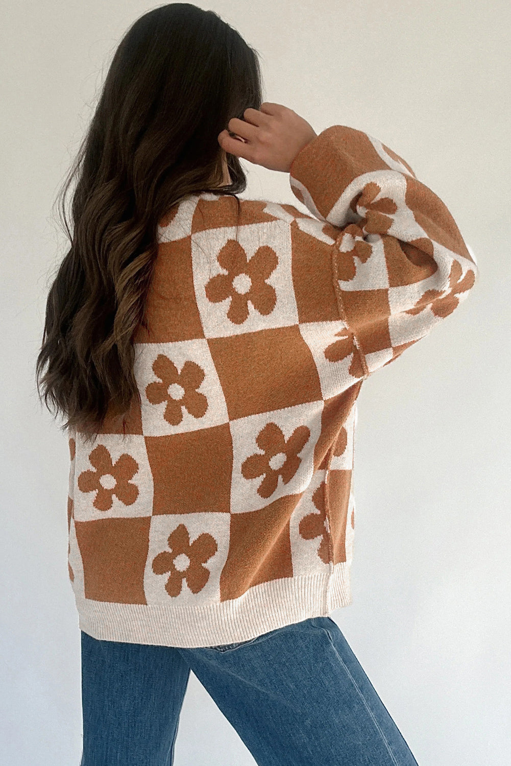 Thai Curry Flower Colorblock Checkered Henley Sweater