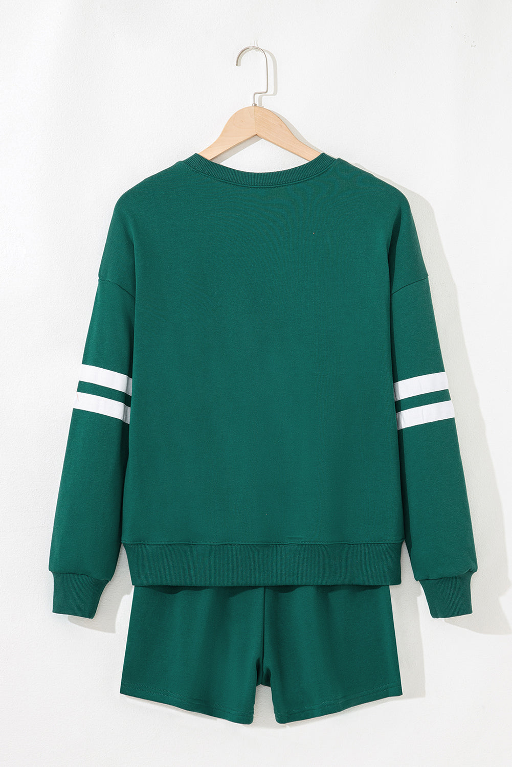 Evergreen Varsity Striped Sleeve Drop Shoulder Sweatshirt and Shorts Set