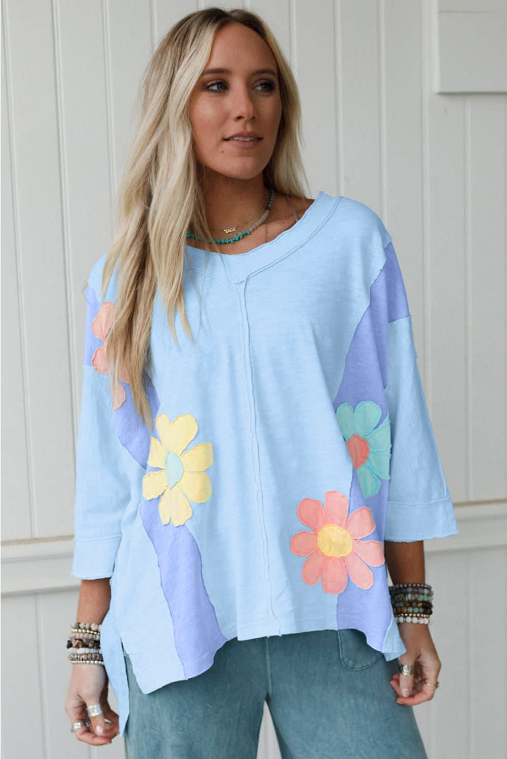 Light Blue Flower Patched Exposed Seam 3/4 Sleeve top