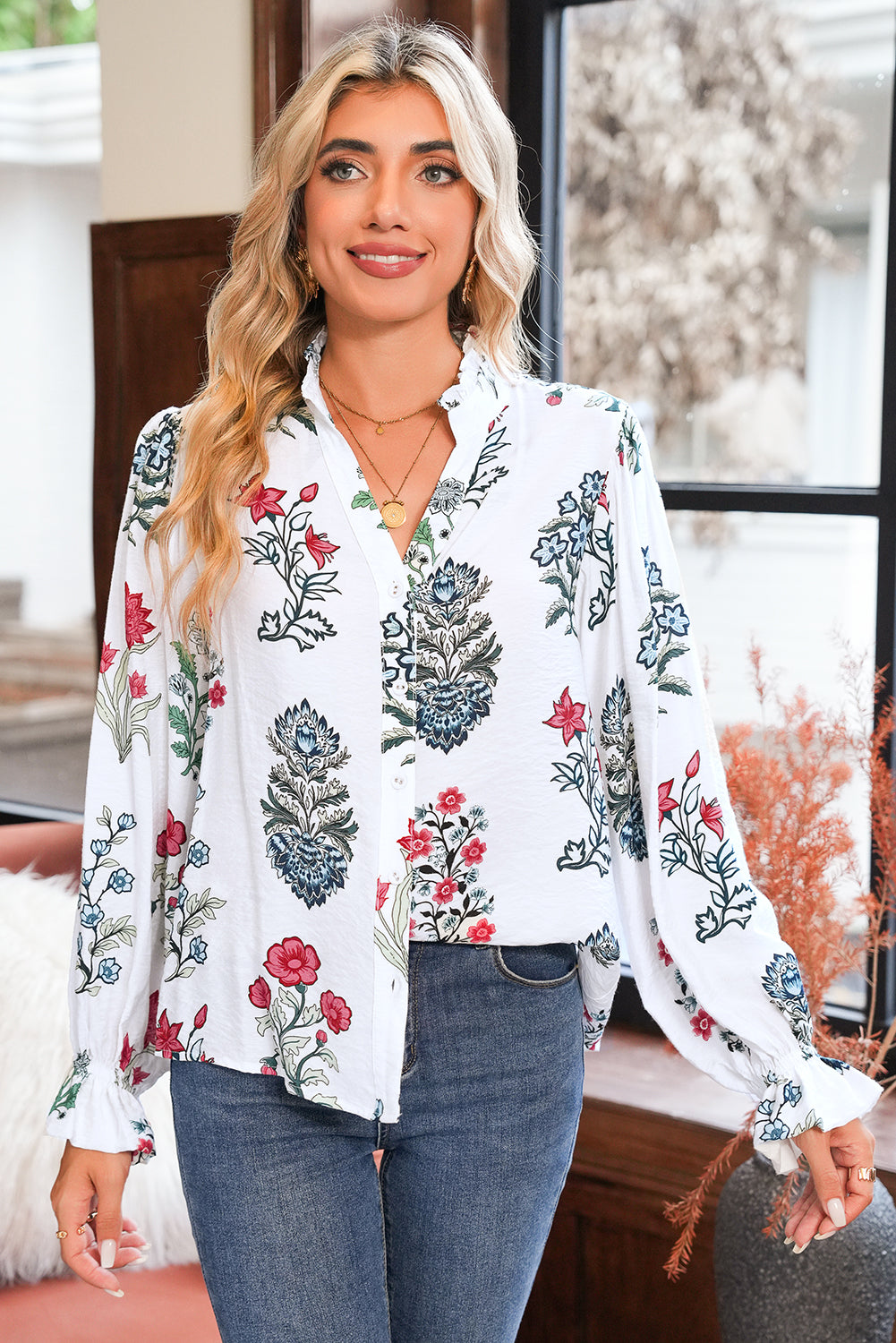 White Floral Print V Neck Loose Drop Sleeve Shirt