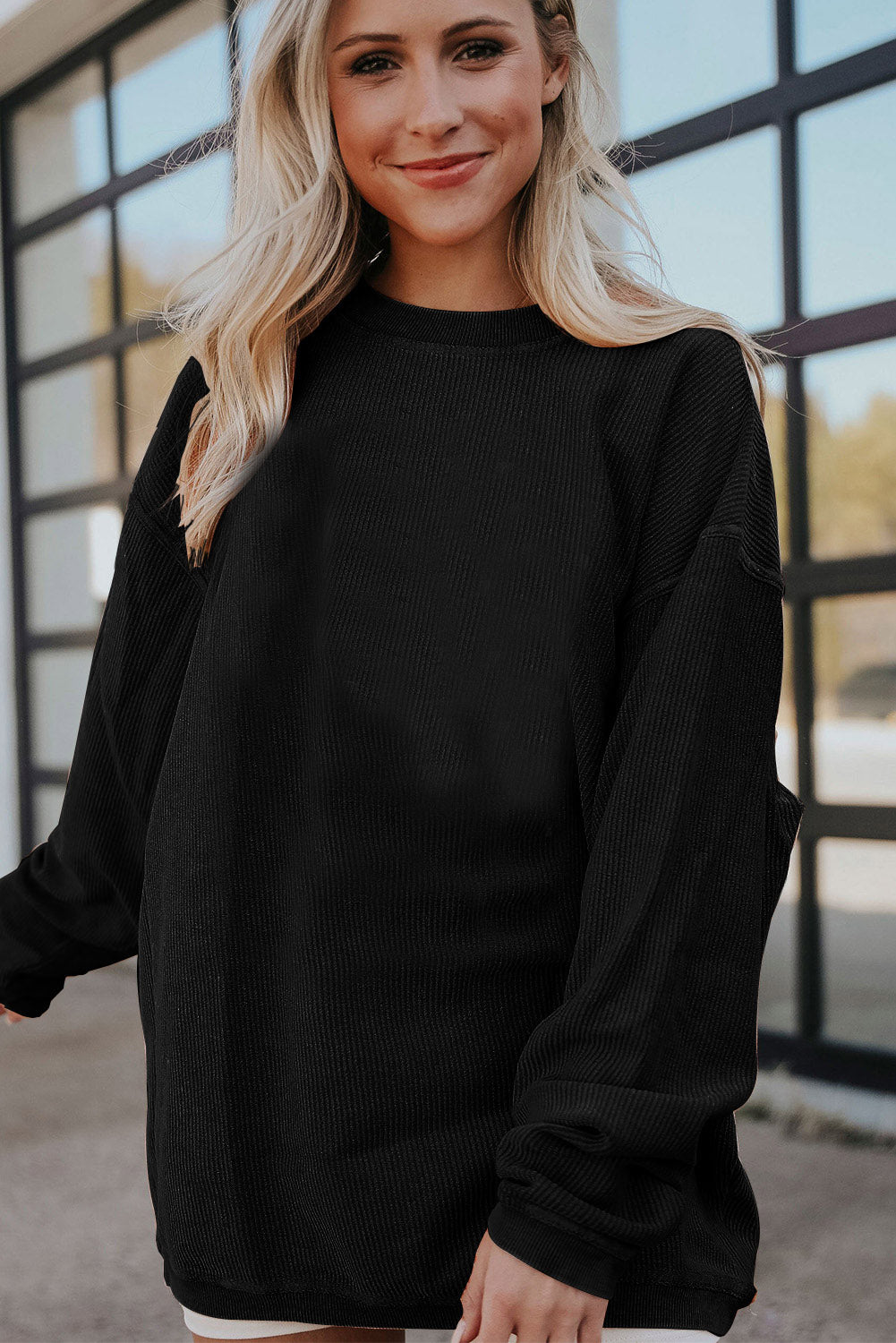 Black Solid Color Rib Knit Oversized Sweatshirt