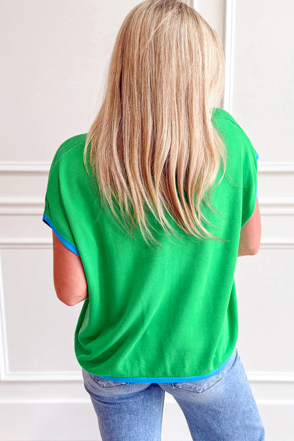 Green Contrast Trim Round Neck Short Sleeve Loose Knit Top
