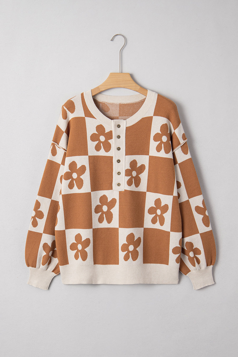 Thai Curry Flower Colorblock Checkered Henley Sweater