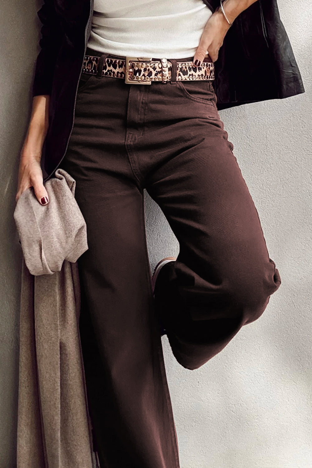 Coffee Solid Color Loose Straight High Waist Jeans